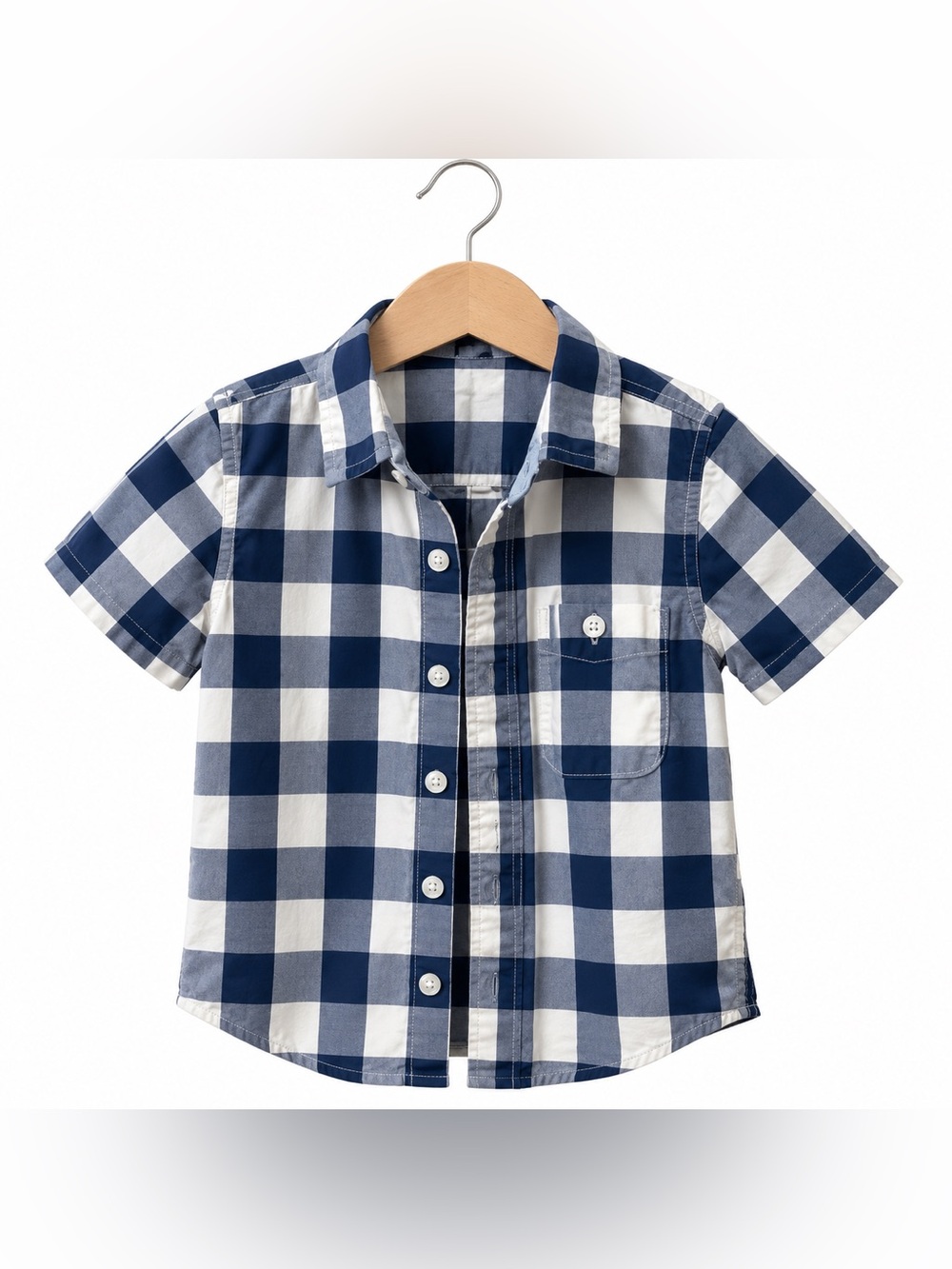 Gap Kids Boys Navy Blue White Gingham Plaid Short Sleeve Button Down Shirt